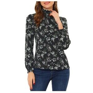 New Allegra K Women's Floral Mock Neck Smocked Long Sleeve Top Blouse, S